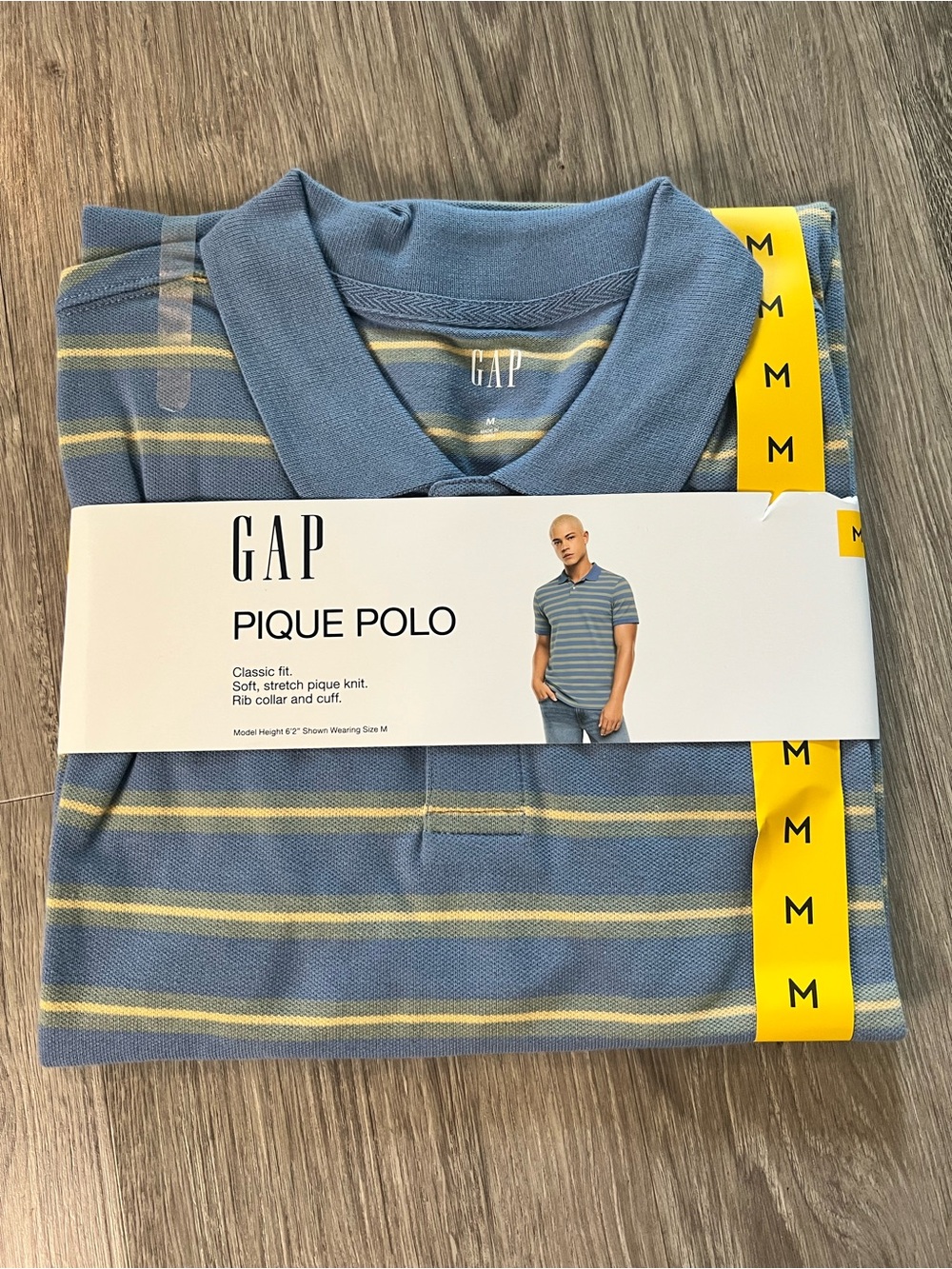 GAP Men's Blue Polo with Yellow Stripes